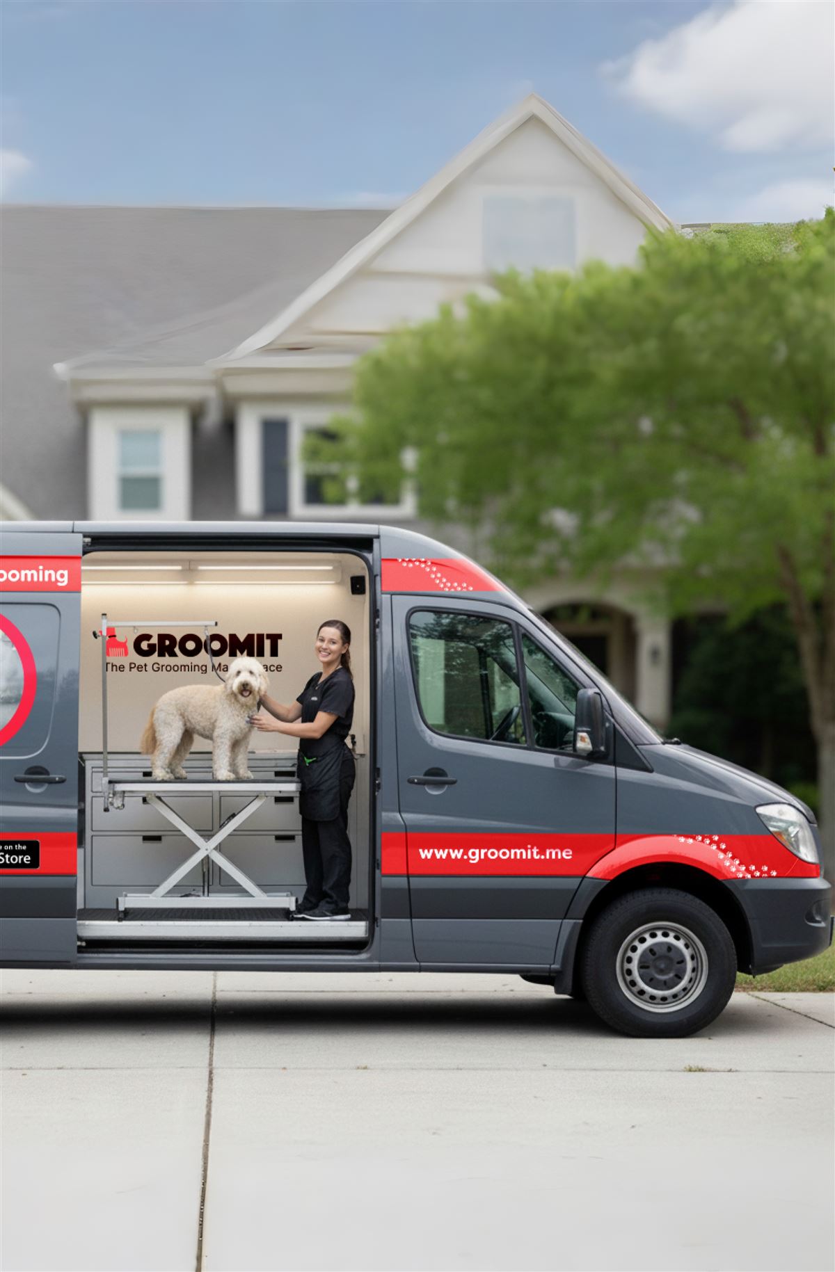 Groomit groomer with a doodle inside a Groomit mobile grooming van
